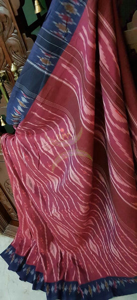 Maroon  Pochampalli-ikat Handloom Soft Cotton Saree with navy blue contrasting border and maroon pallu.