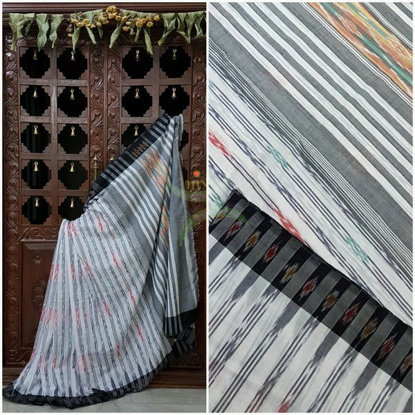 Off white Pochampalli-ikat Handloom Soft Cotton Saree with grey black contrasting border and pallu.