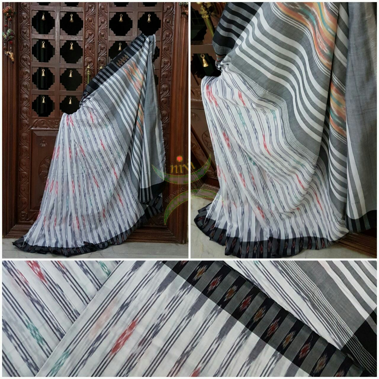 Off white Pochampalli-ikat Handloom Soft Cotton Saree with grey black contrasting border and pallu.