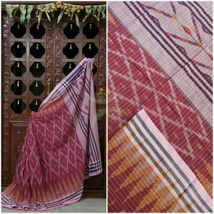 Pink Pochampalli-ikat Handloom Soft Cotton Saree with pinkish white contrasting border and pallu.