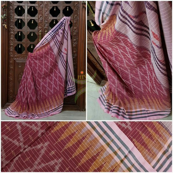 Pink Pochampalli-ikat Handloom Soft Cotton Saree with pinkish white contrasting border and pallu.