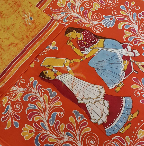 Yellow orange handloom Mul Cotton Batik saree with human figure motif on contrasting orange border and pallu