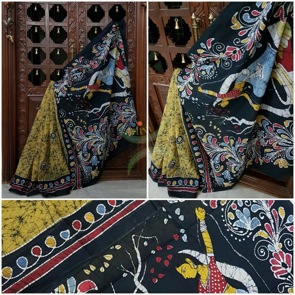Yellow black handloom Mul Cotton Batik saree with human figure motif on contrasting black border and pallu