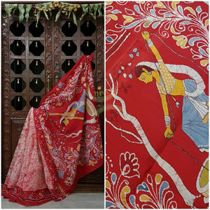 Pink off white handloom Mul Cotton Batik saree with human figure motif on contrasting pink border and pallu