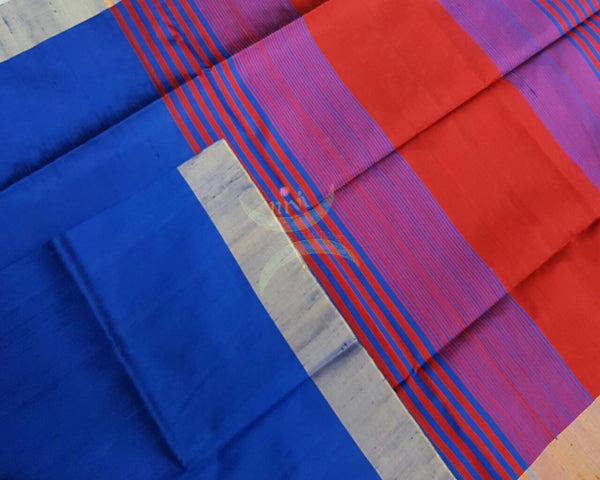 Royal blue with red Handloom Raw silk saree with woven tissue border.