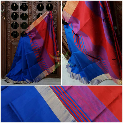 Royal blue with red Handloom Raw silk saree with woven tissue border.