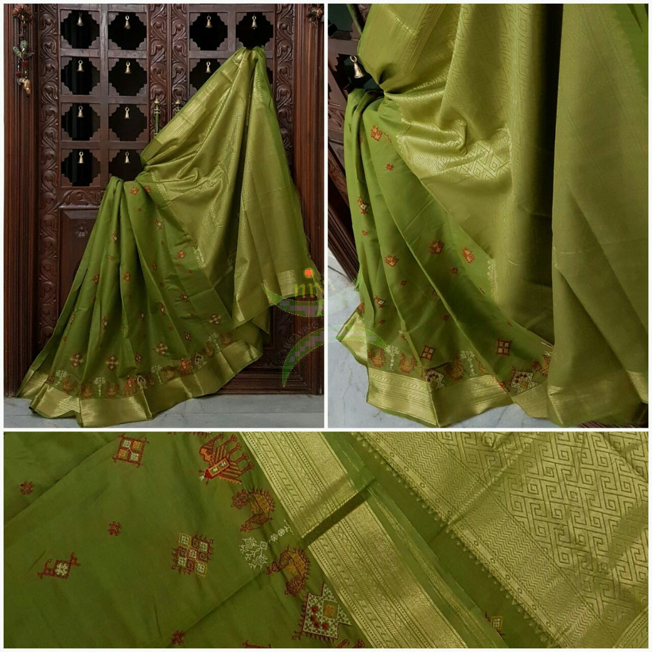 Green kota Cotton saree with kasuti embroidery. Saree is woven Brocade zari border and pallu.