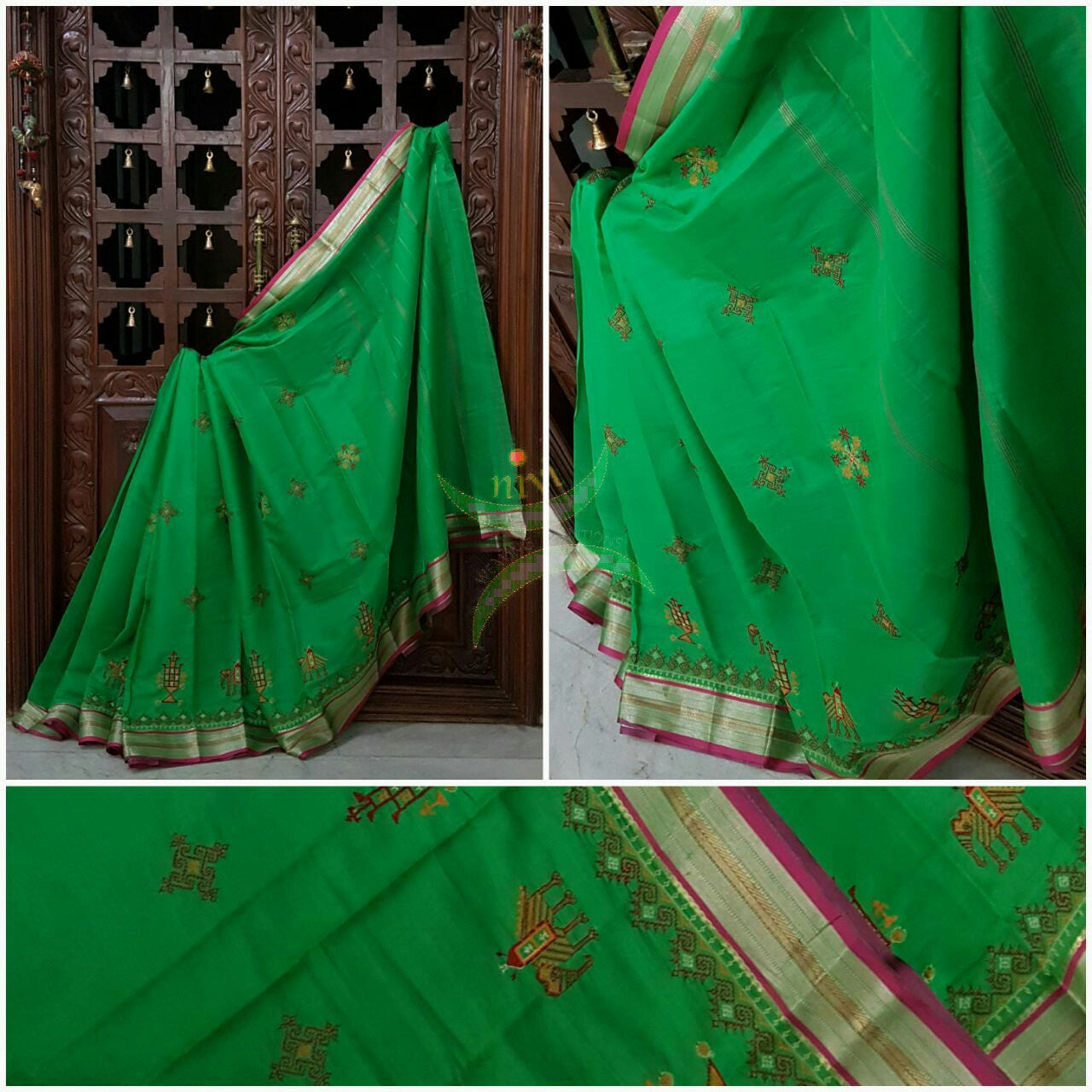 Green with pink kota Cotton saree with kasuti embroidery. Saree is woven with contrasting border and striped pallu.