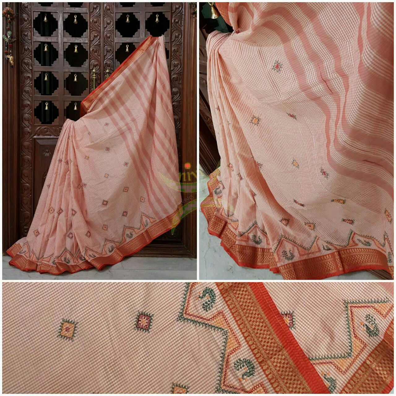Peach kota Cotton chequered saree with kasuti embroidery..saree is woven with contrasting zari border.