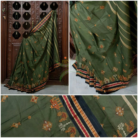 Grey shot green Kota cotton saree with kasuti embroidery. Saree is woven with black contrasting border and striped pallu.