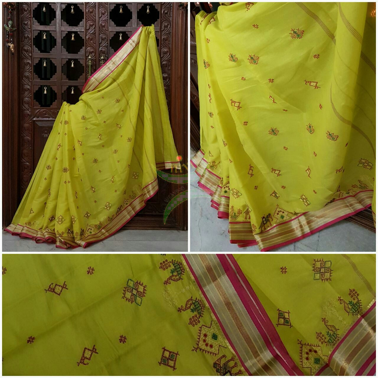 Neon yellow Kota cotton saree with kasuti embroidery. Saree is woven with zari border and striped pallu.