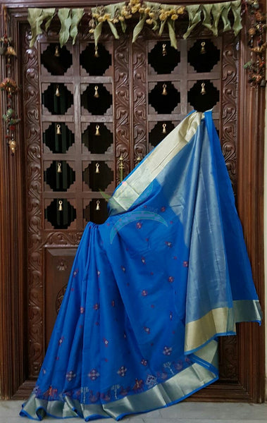 Blue Kota Cotton saree with kasuti embroidery. Saree is woven with tissue border and pallu.
