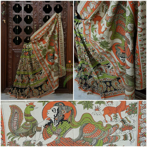 Black mul cotton kalamkari with intricate floral, peacock and human figure motif.