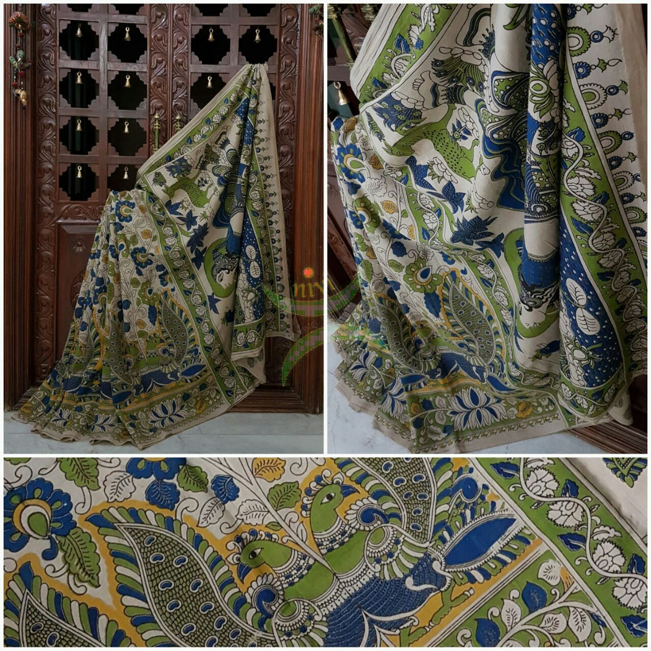 Off white mul cotton kalamkari with intricate floral and peacock motif on body of the saree, human figure motif on the pallu and  floral motif on the border.