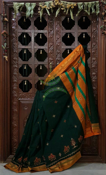 Bottle green silk cotton ilkal with traditional anne gopura motif kasuti embroidery and mustard tope teni pallu