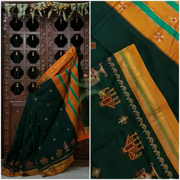 Bottle green silk cotton ilkal with traditional anne gopura motif kasuti embroidery and mustard tope teni pallu