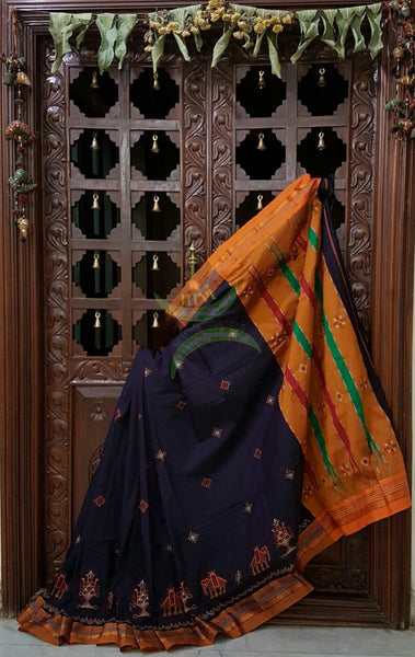 Navy blue silk cotton ilkal with traditional anne gopura motif kasuti embroidery and mustard tope teni pallu