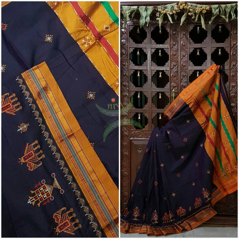 Navy blue silk cotton ilkal with traditional anne gopura motif kasuti embroidery and mustard tope teni pallu