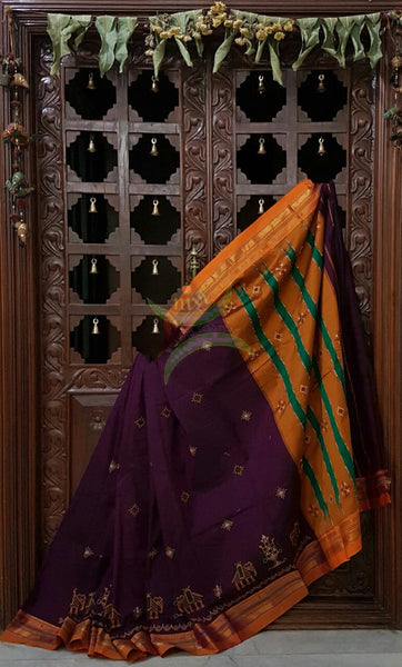 Purple silk cotton ilkal with traditional anne ambari motif kasuti embroidery and mustard tope teni pallu