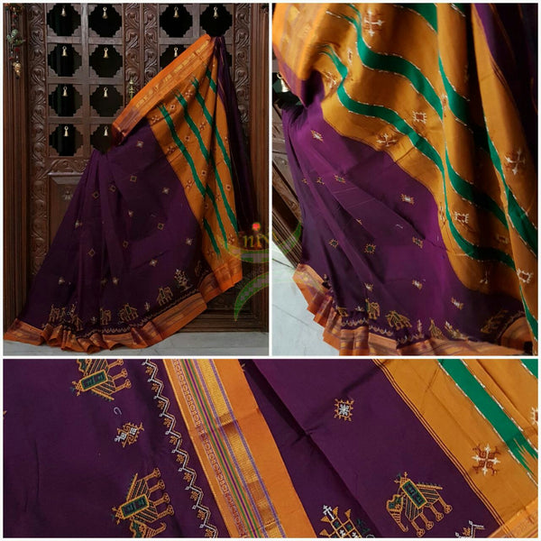 Purple silk cotton ilkal with traditional anne ambari motif kasuti embroidery and mustard tope teni pallu