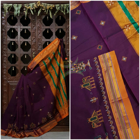 Purple silk cotton ilkal with traditional anne ambari motif kasuti embroidery and mustard tope teni pallu