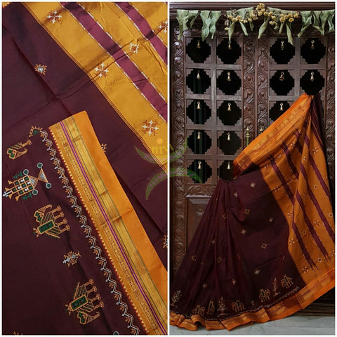 Maroon silk cotton ilkal with traditional anne ambari motif kasuti embroidery and mustard tope teni pallu