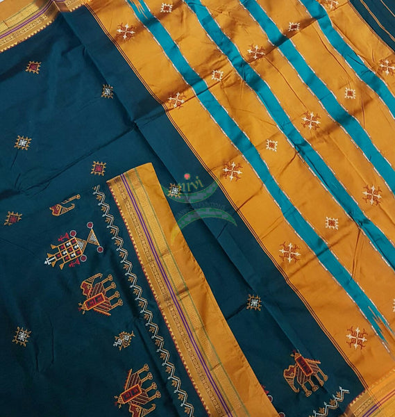 Teal silk cotton ilkal with traditional anne ambari motif kasuti embroidery and mustard tope teni pallu