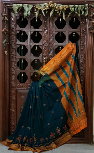 Teal silk cotton ilkal with traditional anne ambari motif kasuti embroidery and mustard tope teni pallu