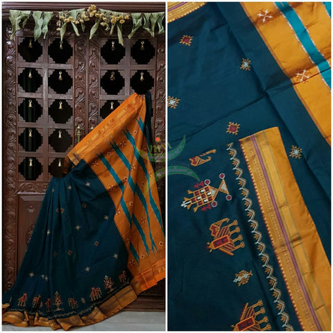 Teal silk cotton ilkal with traditional anne ambari motif kasuti embroidery and mustard tope teni pallu