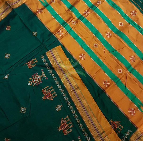 Green silk cotton ilkal with traditional anne ambari motif kasuti embroidery and mustard tope teni pallu