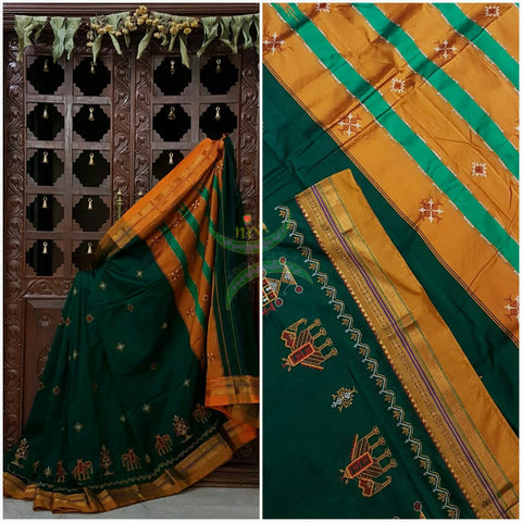 Green silk cotton ilkal with traditional anne ambari motif kasuti embroidery and mustard tope teni pallu