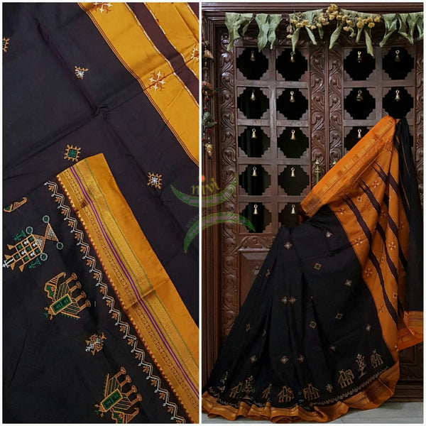 Brown silk cotton ilkal with traditional anne ambari motif kasuti embroidery and mustard tope teni pallu