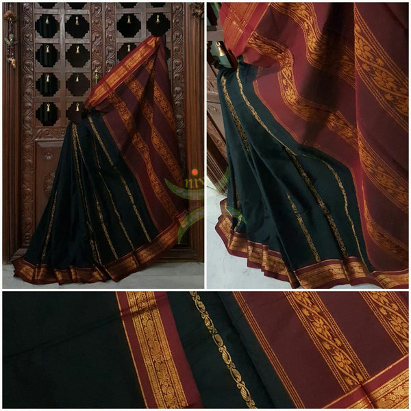 Black with maroon Dharwad mercerized cotton saree with traditionally woven border and pallu.