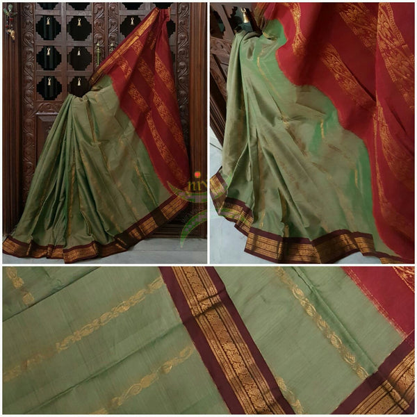 Grey shot green with maroon Dharwad mercerized cotton saree with traditionally woven border and pallu.