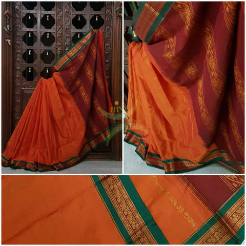 Orange with green and maroon Dharwad mercerized cotton saree with traditionally woven border and pallu.