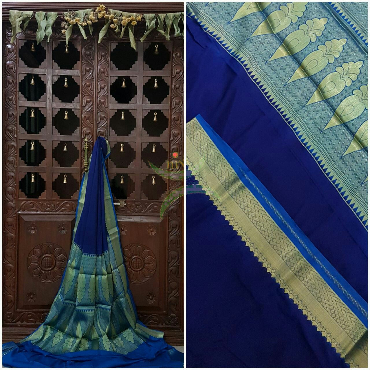 Blue Art silk crepe with woven zari border and pallu.