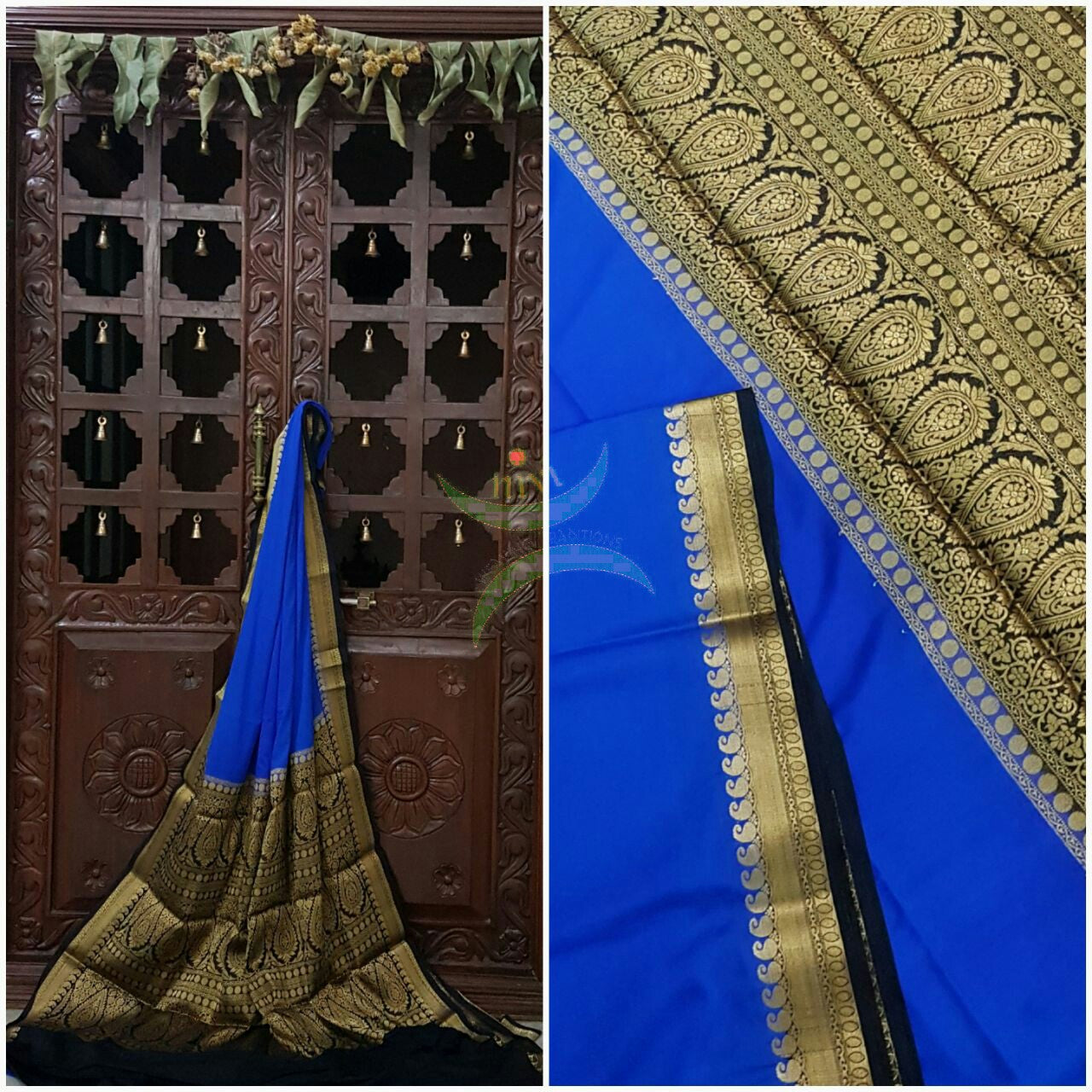 Royal blue with Black Art silk crepe with woven zari border and pallu.