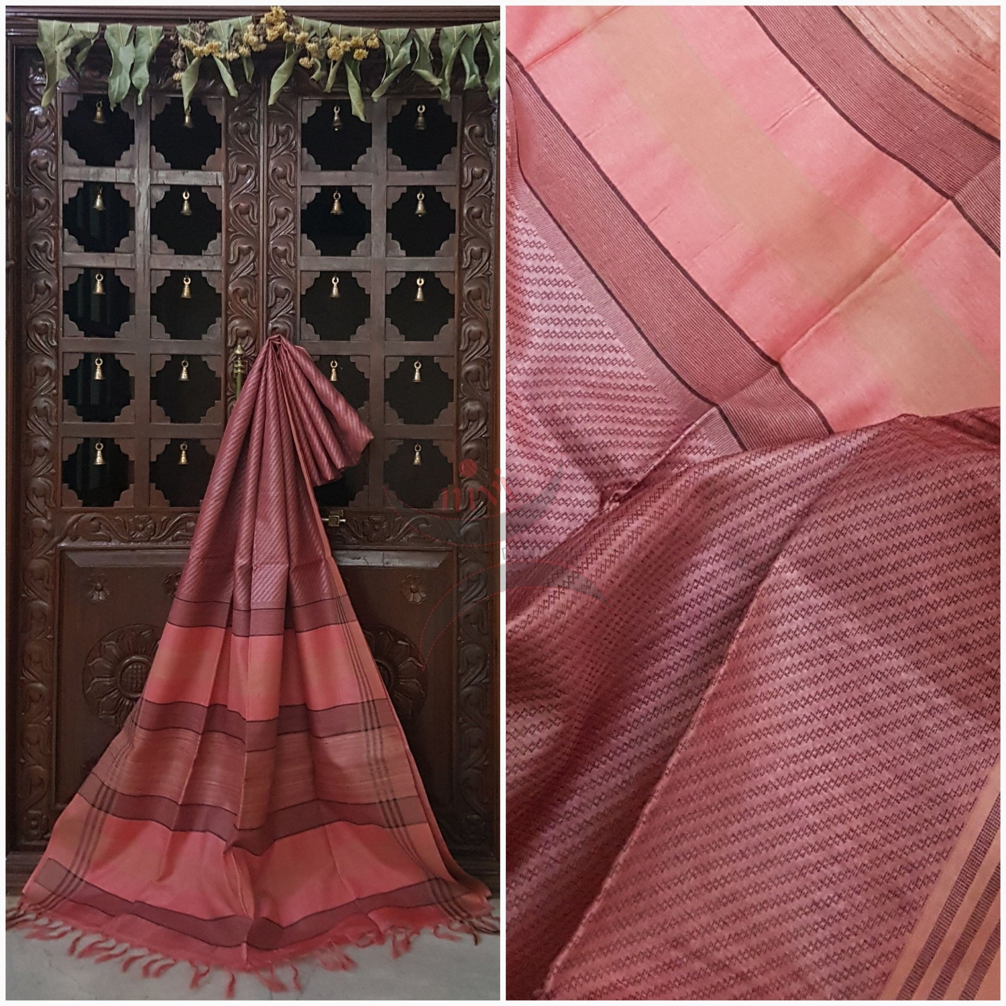 Peach handloom bhagalpur silk tussar with geecha pallu and plain blouse matching pallu.