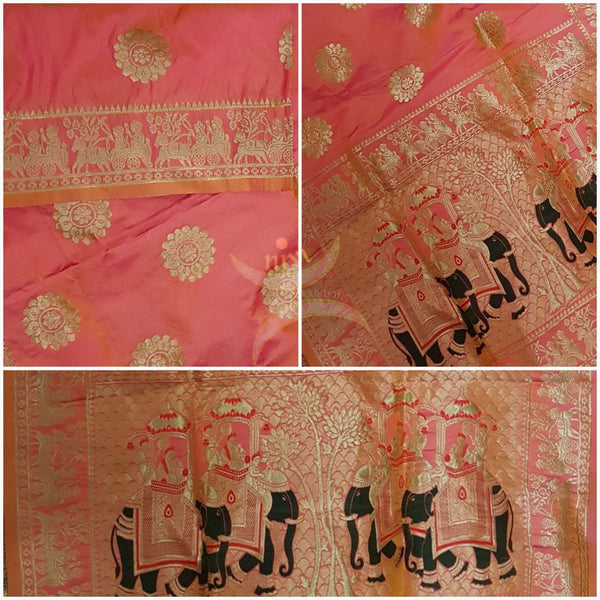 Peach pure silk woven Benaras brocade duppata with incricate traditional elephant and floral motif.