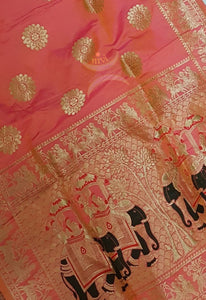 Peach pure silk woven Benaras brocade duppata with incricate traditional elephant and floral motif.