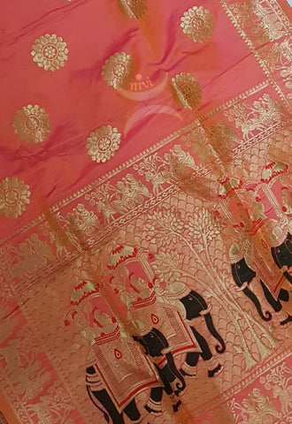 Peach pure silk woven Benaras brocade duppata with incricate traditional elephant and floral motif.