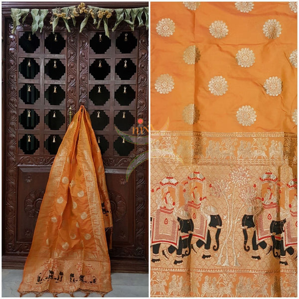 Orange pure silk woven Benaras brocade duppata with incricate traditional elephant and floral motif.
