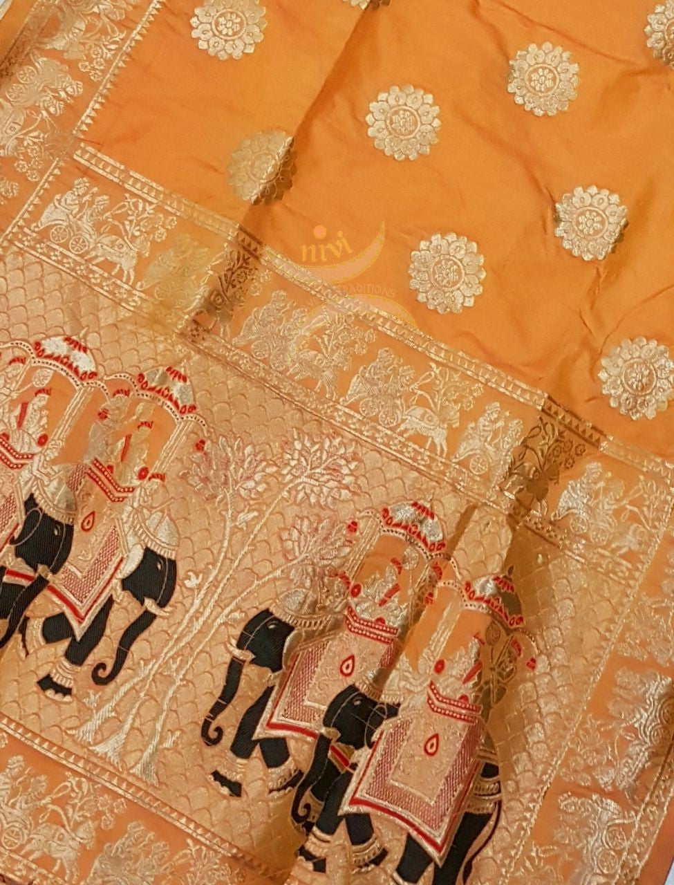 Orange pure silk woven Benaras brocade duppata with incricate traditional elephant and floral motif.