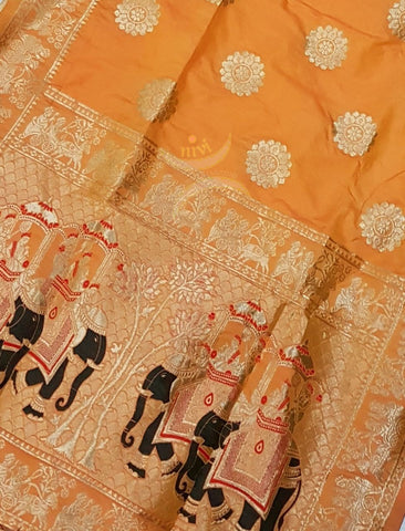 Orange pure silk woven Benaras brocade duppata with incricate traditional elephant and floral motif.