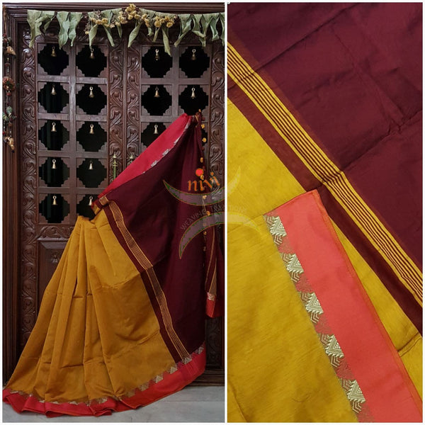Mustard Handloom merserised soft cotton saree with contrast orange border with woven zari. saree comes with maroon pallu and blouse.
