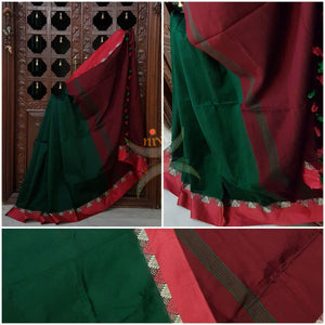 Bottle green Handloom merserised soft cotton saree with contrast orange border with woven zari. saree comes with maroon pallu and blouse.