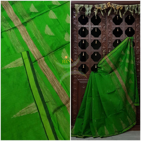 Green Bengal Handloom cotton with woven temple border with Geecha pallu. Saree comes with rinning blouse . 