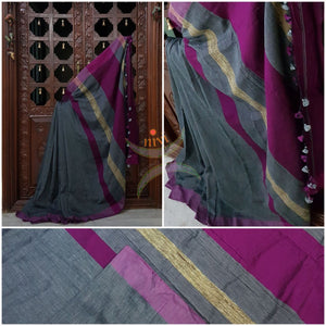 Handloom linen blend saree with contrast border and pallu.