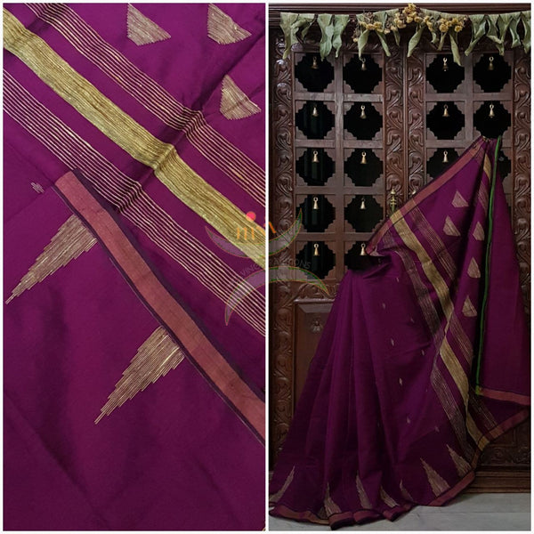 Purple Bengal Handloom cotton with woven temple border with Geecha pallu. Saree comes with running blouse . 