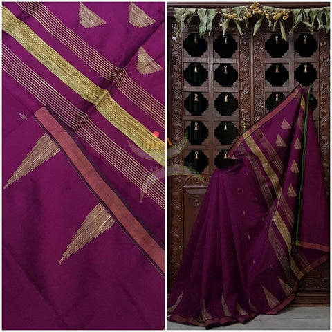 Purple Bengal Handloom cotton with woven temple border with Geecha pallu. Saree comes with running blouse . 